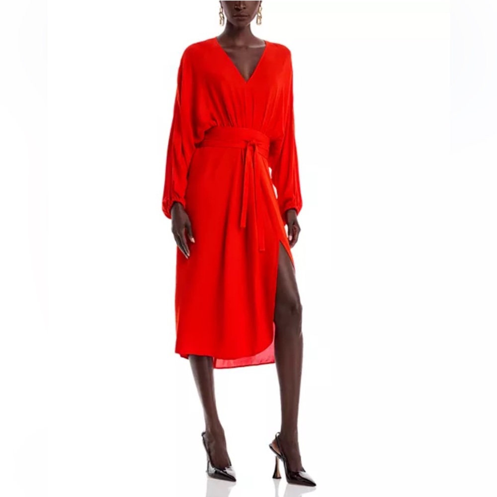 Vanessa Bruno Daessa Midi Dress Red Coquelicot Silk V-Neck Belted FR 38 US 6 NWT